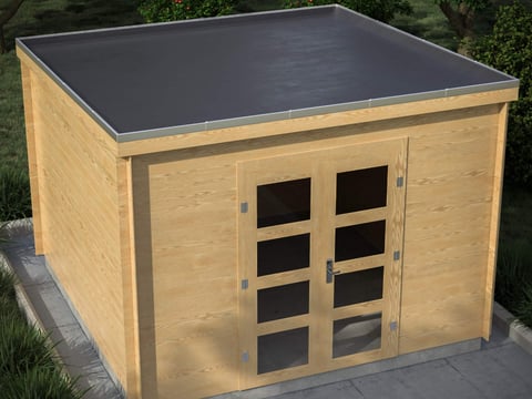 Gartenhaus mit EPDM-Flachdachabdichtung Modernes Holz-Gartenhaus unter grünen Bäumen mit einem nahtlos verlegten EPDM-Flachdach für langanhaltenden Schutz