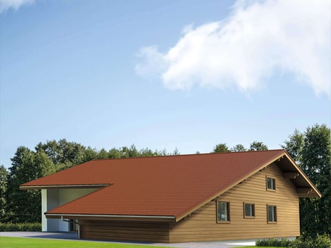 Modernes Haus mit hochwertigen Pfannenblechen als Dacheindeckung Elegantes Wohnhaus mit einem Dach aus roten Pfannenblechen, kombiniert langlebige Ästhetik mit effektivem Schutz gegen Witterung