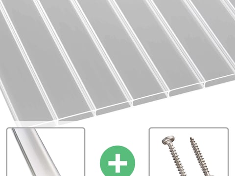 Komplettset für Stegplatten-Montage mit Profilen und Schrauben Montage-Set für Stegplatten inklusive klarer Polycarbonat-Platten, Aluminium Verlegeprofile und passenden Edelstahlschrauben zur sicheren Befestigung