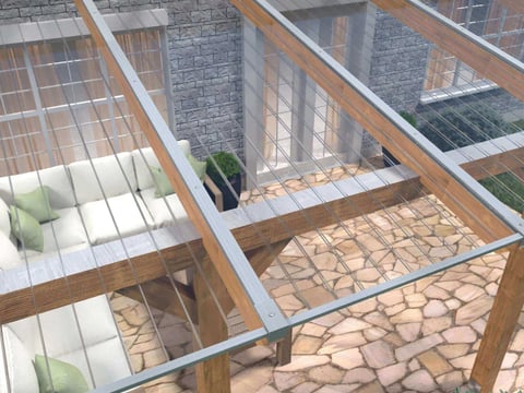Moderne Stegplatten Überdachung für Terrassen – Lichtdurchlässig & Stilvoll Transparente Stegplatten als Überdachungselemente bieten natürliche Beleuchtung für eine gemütliche Terrasse, eingefasst von Holz und Metallträgern