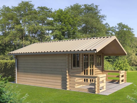 Stilvolles Gartenhaus mit robusten Trapezblechen in Hellelfenbein Gartenhaus bedeckt mit Hellelfenbein Trapezblechen, bietet dauerhaften Schutz und ein ästhetisches Erscheinungsbild, umgeben von grüner Landschaft